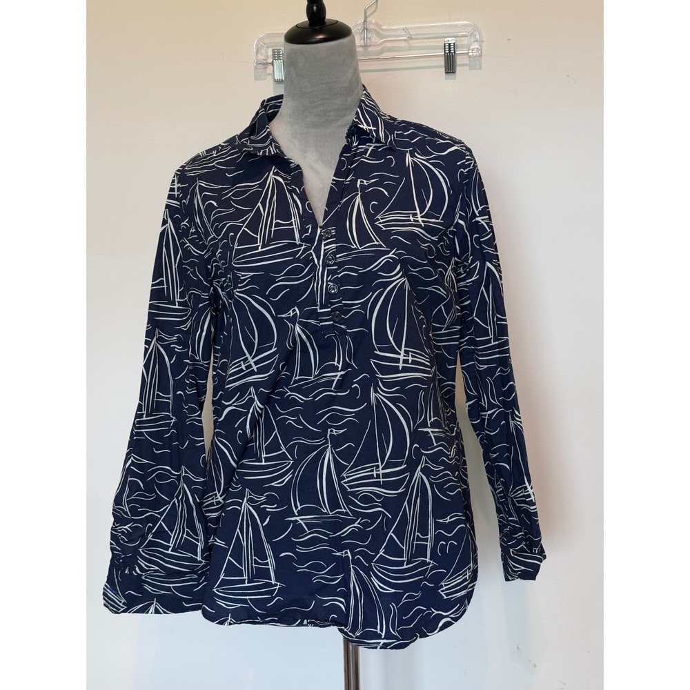 Talbots Navy Blue White Nautical Sailboat Print Popover Shirt Mens Medium